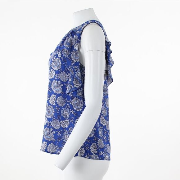 Vince Camuto Printed Ruffle-Trim Top Deep Azure - Picture 4 of 5